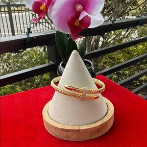 Gold Textured Bracelet with Rhinestone Accent 8 inch